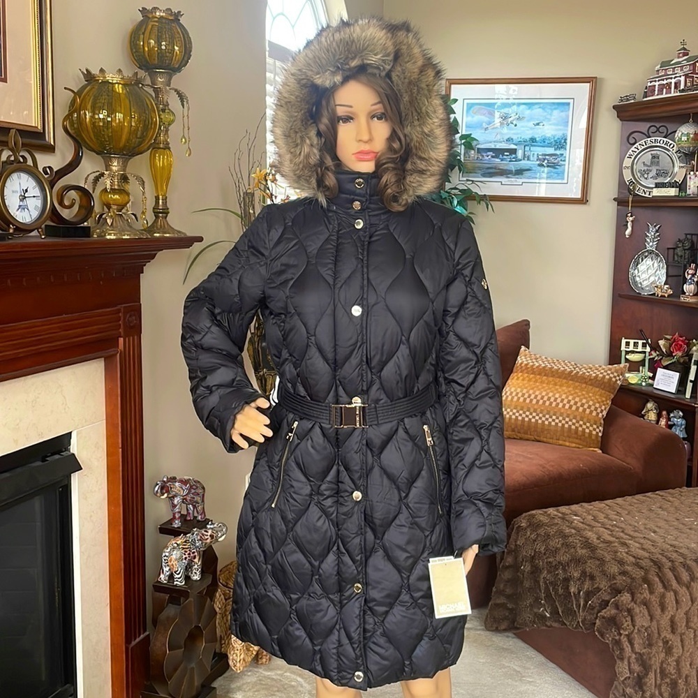 Brand New Michael Kors Black Down Alternative Zippered Faux Fur Hooded Belt Coat - Picture 3 of 16